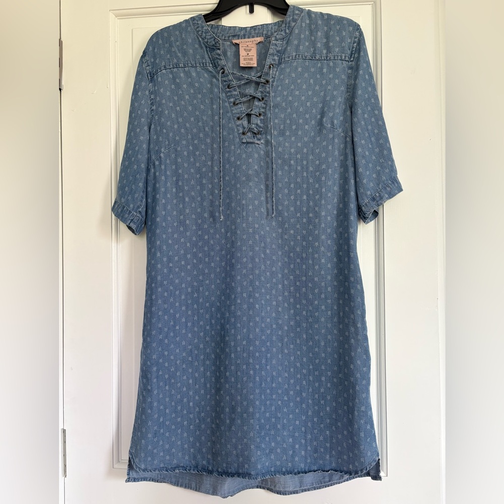 Philosophy Chambray Blue Raindrop Print Dress Tencel Lace Up Western Boho M